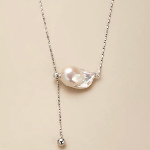 Elegant Baroque Pearl Clavicle Silver Long Necklace – Adjustable and Versatile